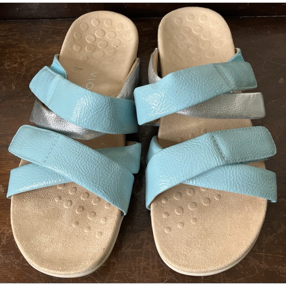 Vionic Hadlie Slide Sandals Womens Size 8 Baby Blue & Silver Orthotic Comfort